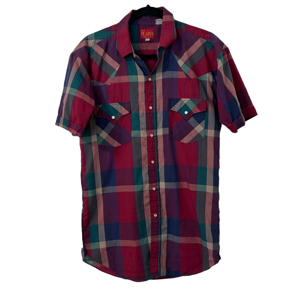 Ely Plains Mens Western Shirt Pearl‎ Snap 1990's Red Blue Plaid Size Large